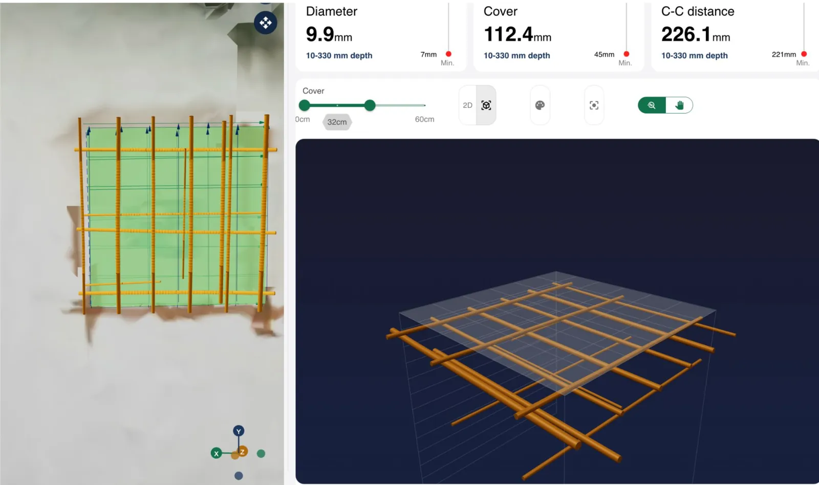 Tényleges szoftverkimenet: betonvas 3D modellben (Birdsview platform)